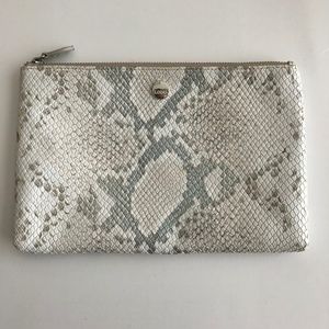Lodis Leather Clutch Pouch Bag Cream Iridescent Embossed Faux Snake Zip Closure